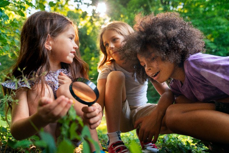 Three children crouched outdoors examining a plant through a magnifying glass